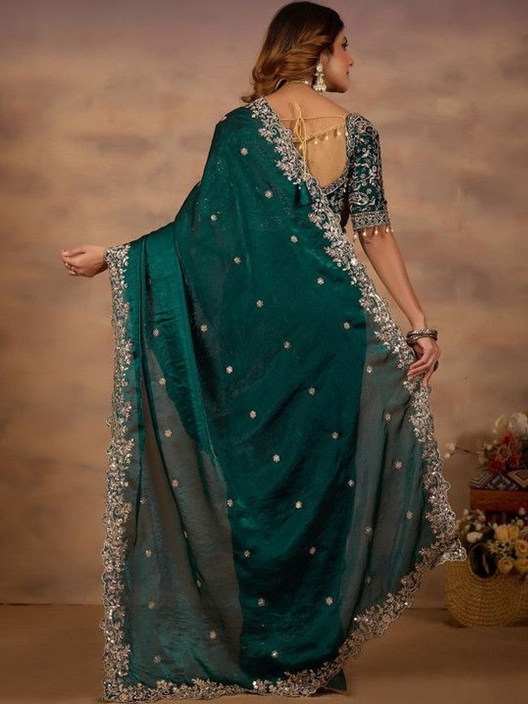 Emerald Green Embroidered Party Wear Saree with Designer Blouse