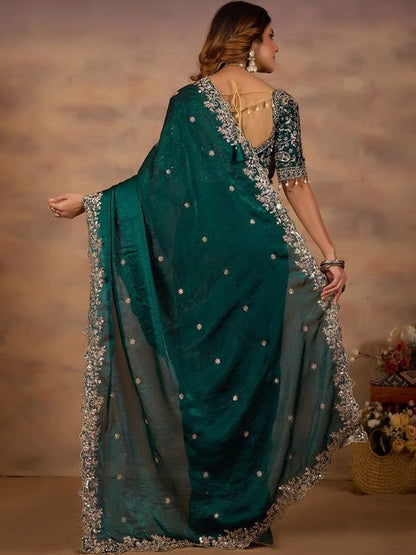 Emerald Green Embroidered Party Wear Saree with Designer Blouse