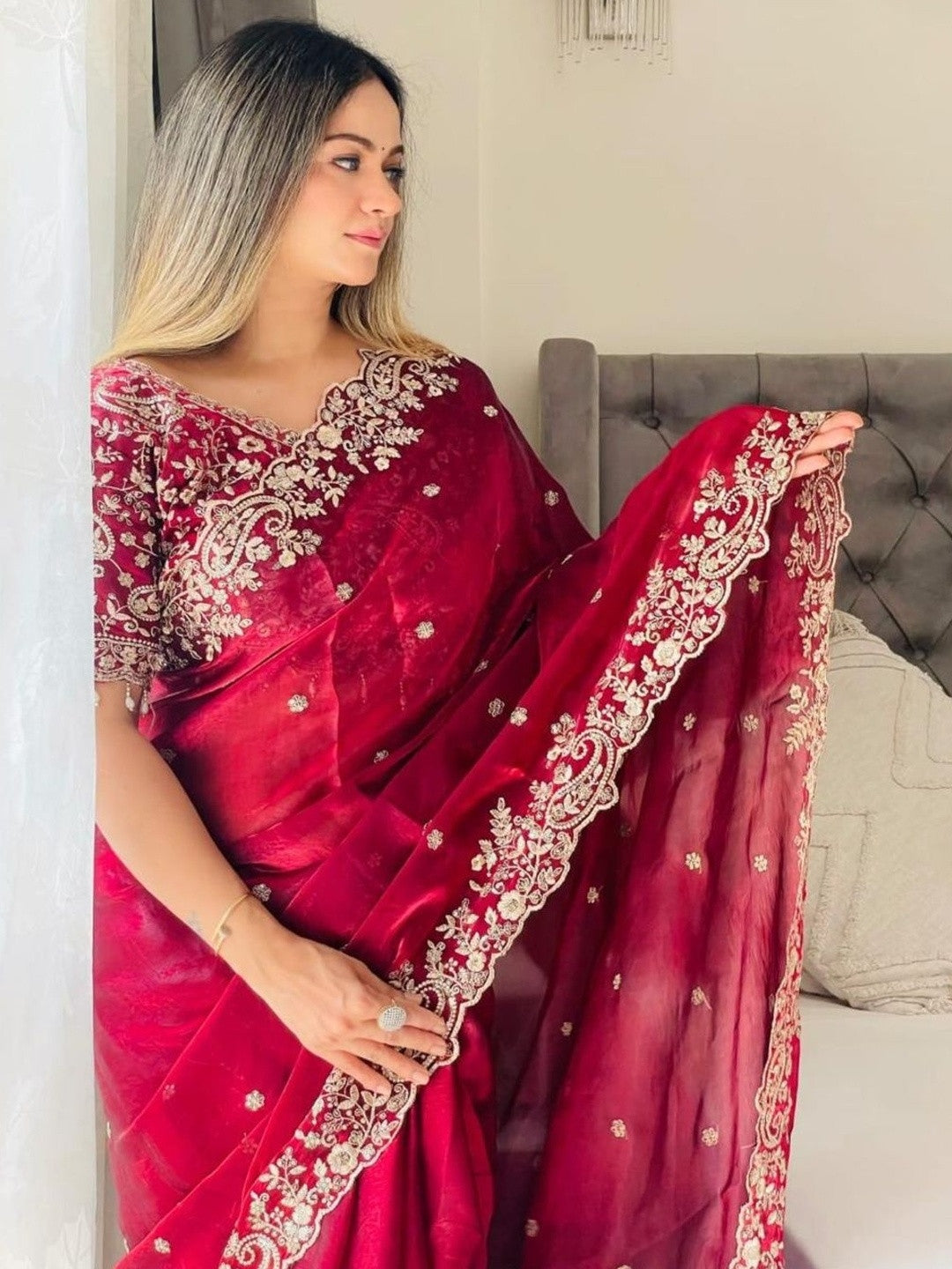 Ruby Red Embroidered Designer Saree with Heavy Sequence & Zari Border