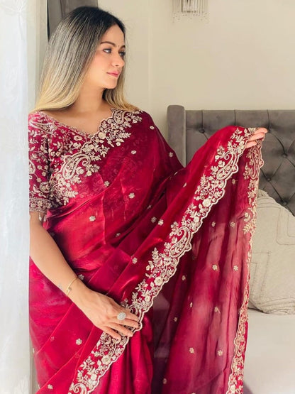 Ruby Red Embroidered Designer Saree with Heavy Sequence & Zari Border