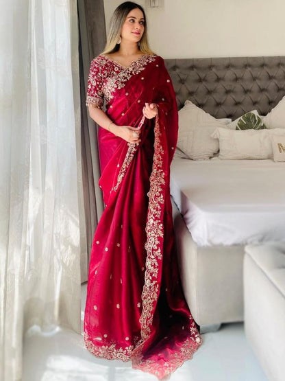Ruby Red Embroidered Designer Saree with Heavy Sequence & Zari Border