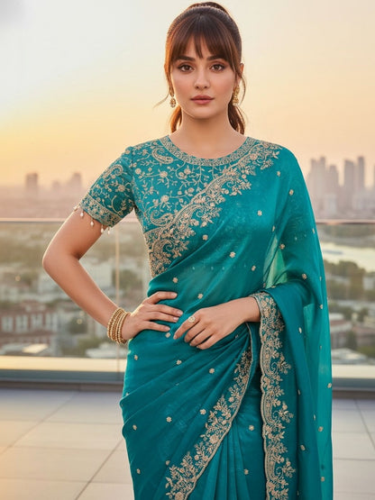 Teal Blue Embroidered Georgette Saree with Designer Border