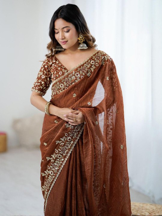 Women's Premium Brown Embroidered Organza Silk Saree with Designer Blouse | Festive, Wedding & Party Wear