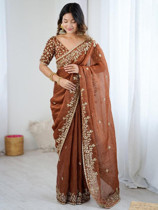 Women's Premium Brown Embroidered Organza Silk Saree with Designer Blouse | Festive, Wedding & Party Wear