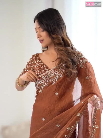 Women's Premium Brown Embroidered Organza Silk Saree with Designer Blouse | Festive, Wedding & Party Wear