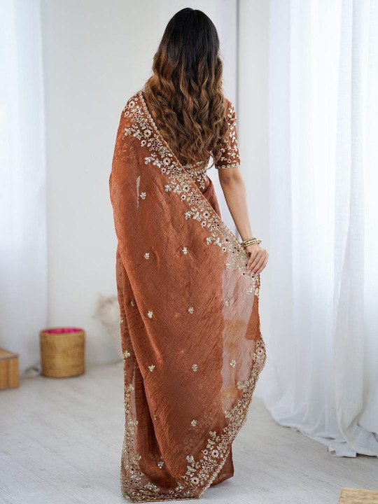 Women's Premium Brown Embroidered Organza Silk Saree with Designer Blouse | Festive, Wedding & Party Wear