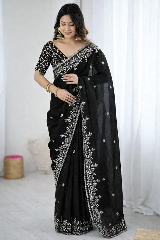 Women's Black Floral Embroidered Cotton Blend Saree with Embroidered Blouse Piece | Elegant Party & Festive Wear Saree