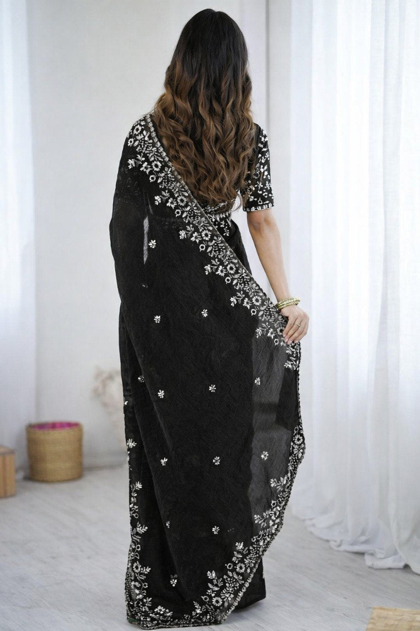 Women's Black Floral Embroidered Cotton Blend Saree with Embroidered Blouse Piece | Elegant Party & Festive Wear Saree