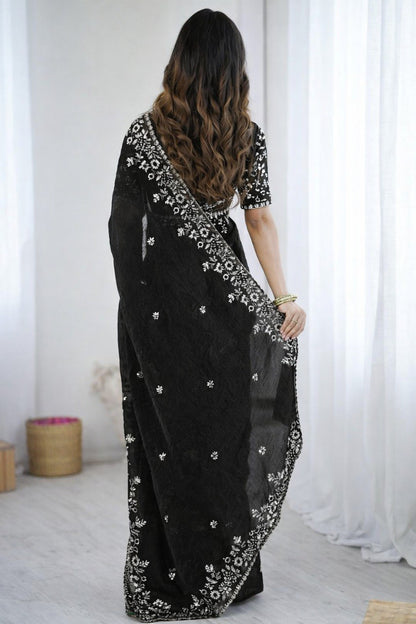 Women's Black Floral Embroidered Cotton Blend Saree with Embroidered Blouse Piece | Elegant Party & Festive Wear Saree