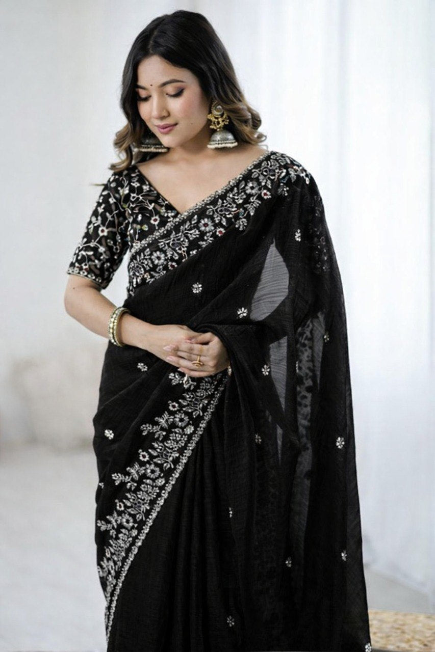 Women's Black Floral Embroidered Cotton Blend Saree with Embroidered Blouse Piece | Elegant Party & Festive Wear Saree