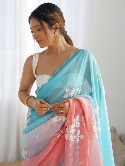 Sky Blue & Peach Ombre Floral Embroidered Organza Saree with Scalloped Border