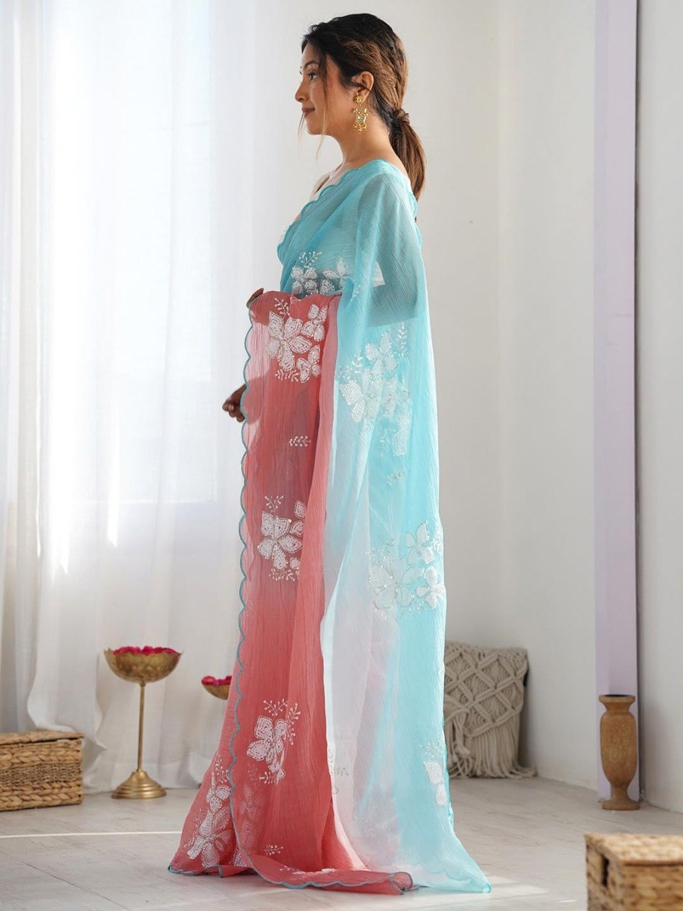 Sky Blue & Peach Ombre Floral Embroidered Organza Saree with Scalloped Border