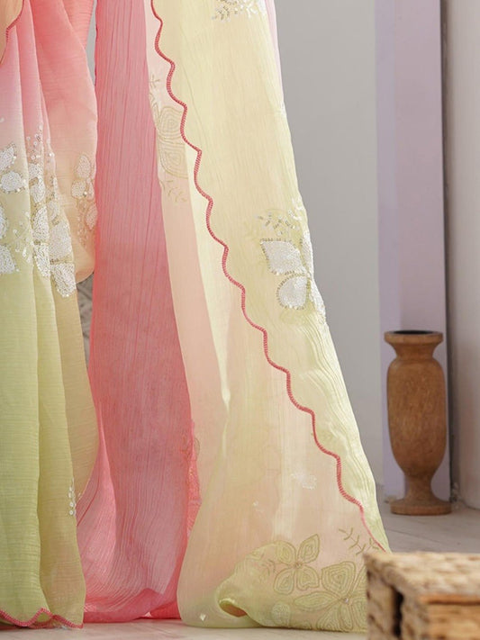Blush Pink & Lime Green Organza Saree with White Floral Embroidery & Scalloped Border