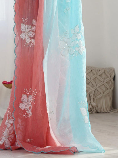 Sky Blue & Peach Ombre Floral Embroidered Organza Saree with Scalloped Border