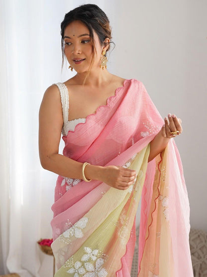 Blush Pink & Lime Green Organza Saree with White Floral Embroidery & Scalloped Border