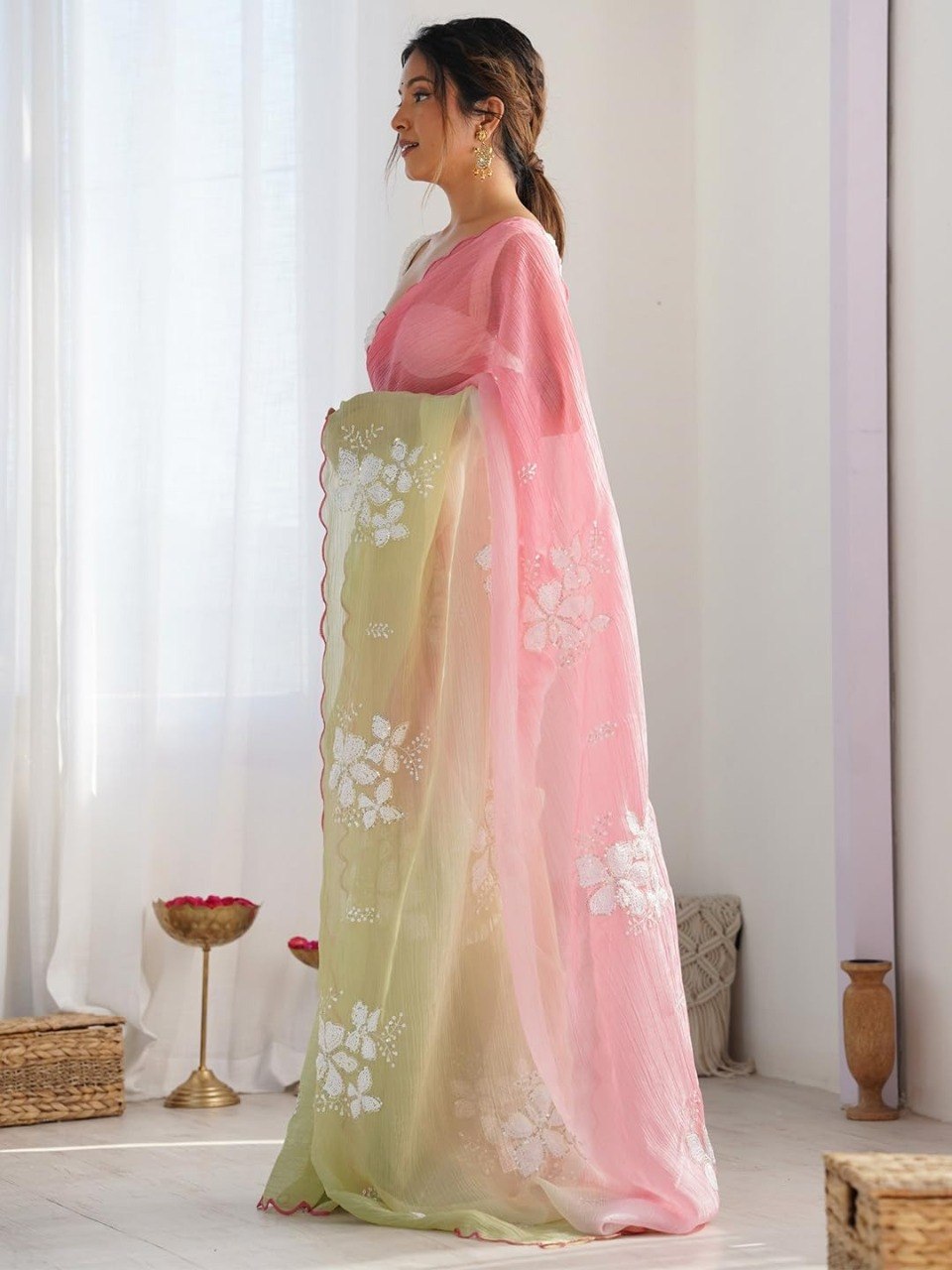 Blush Pink & Lime Green Organza Saree with White Floral Embroidery & Scalloped Border