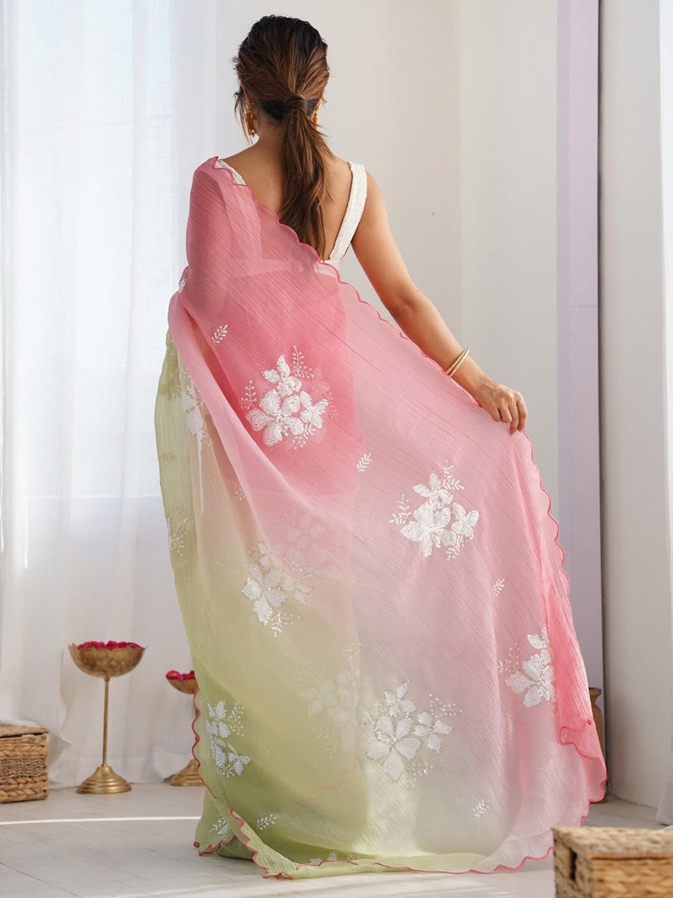 Blush Pink & Lime Green Organza Saree with White Floral Embroidery & Scalloped Border