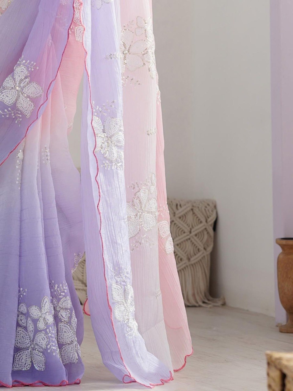 Women's Pink & Lavender Ombre Organza Saree with White Floral Embroidery | Lightweight Party Wear Saree