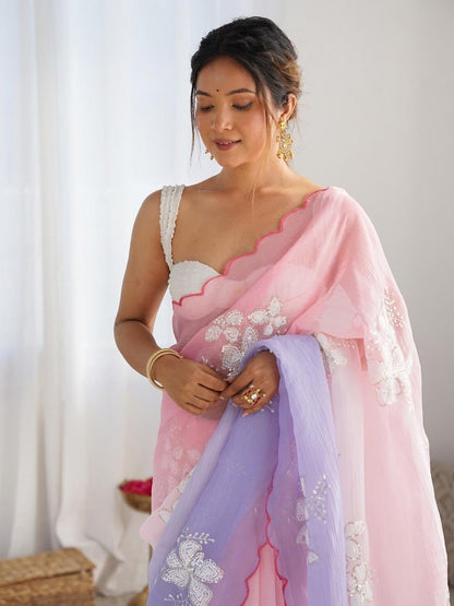 Women's Pink & Lavender Ombre Organza Saree with White Floral Embroidery | Lightweight Party Wear Saree