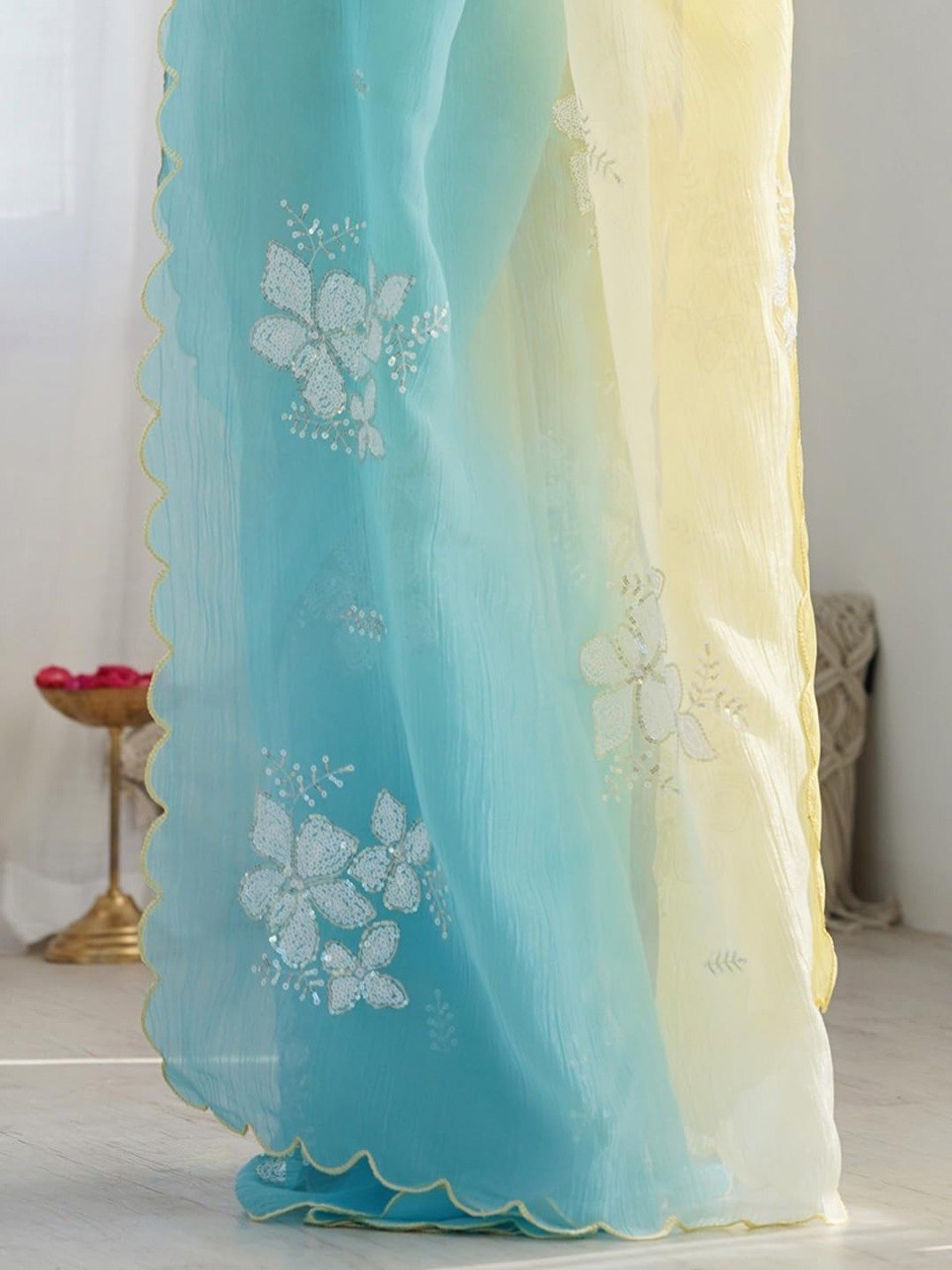 Pastel Yellow & Sky Blue Ombre Organza Saree with White Floral Embroidery | Lightweight Party Wear Saree