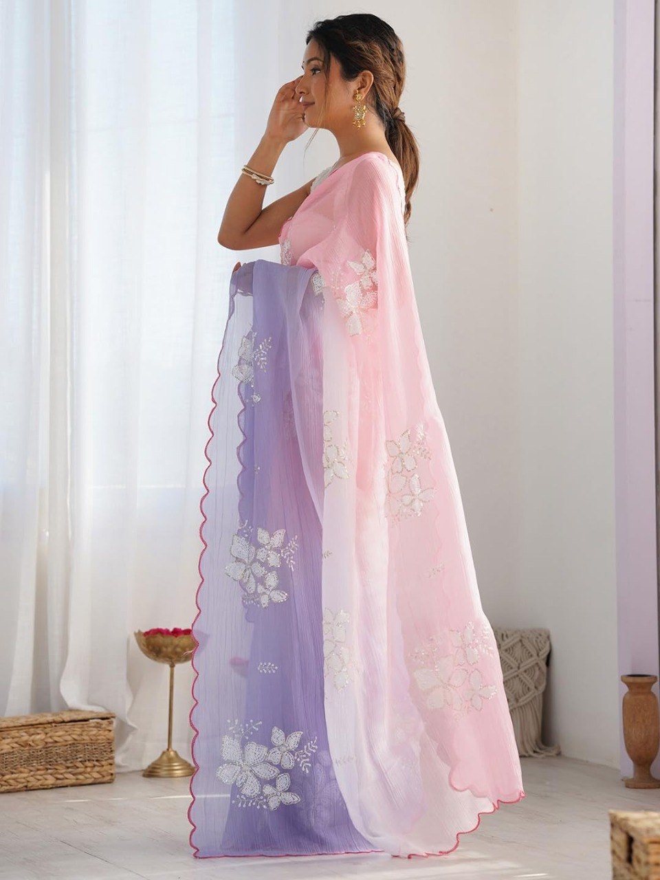 Women's Pink & Lavender Ombre Organza Saree with White Floral Embroidery | Lightweight Party Wear Saree
