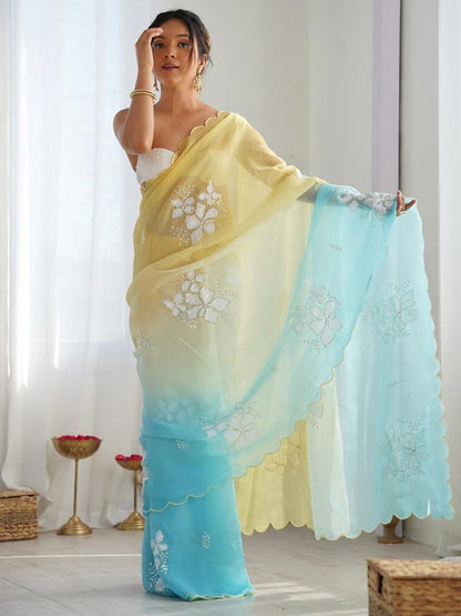 Pastel Yellow & Sky Blue Ombre Organza Saree with White Floral Embroidery | Lightweight Party Wear Saree