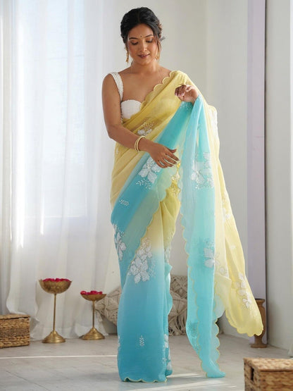 Pastel Yellow & Sky Blue Ombre Organza Saree with White Floral Embroidery | Lightweight Party Wear Saree