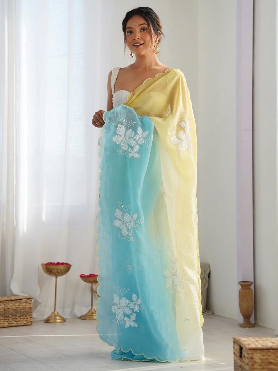 Pastel Yellow & Sky Blue Ombre Organza Saree with White Floral Embroidery | Lightweight Party Wear Saree