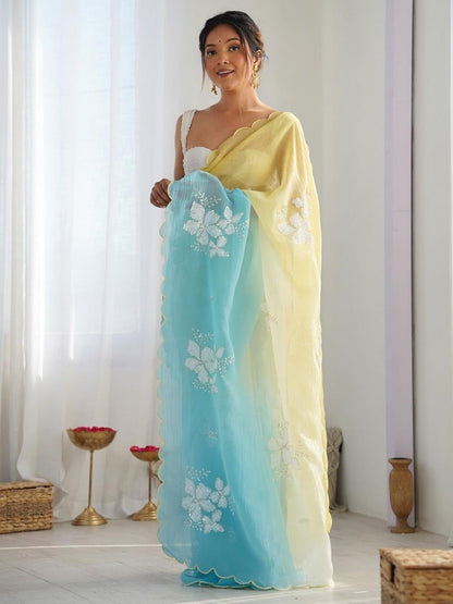 Pastel Yellow & Sky Blue Ombre Organza Saree with White Floral Embroidery | Lightweight Party Wear Saree