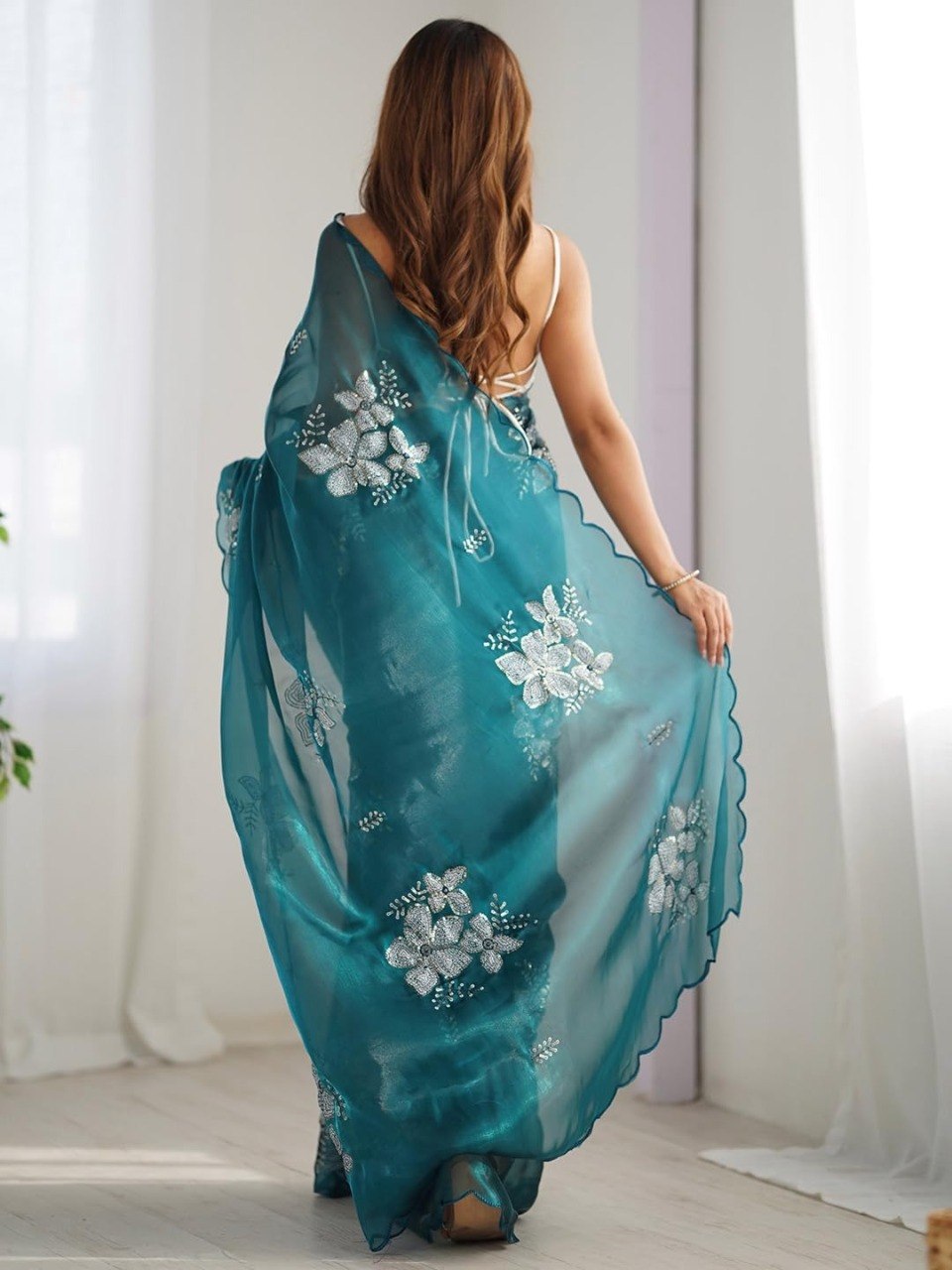 Elegant Teal Floral Embroidered Organza Saree with Scalloped Border | Party Wear Designer Saree for Women