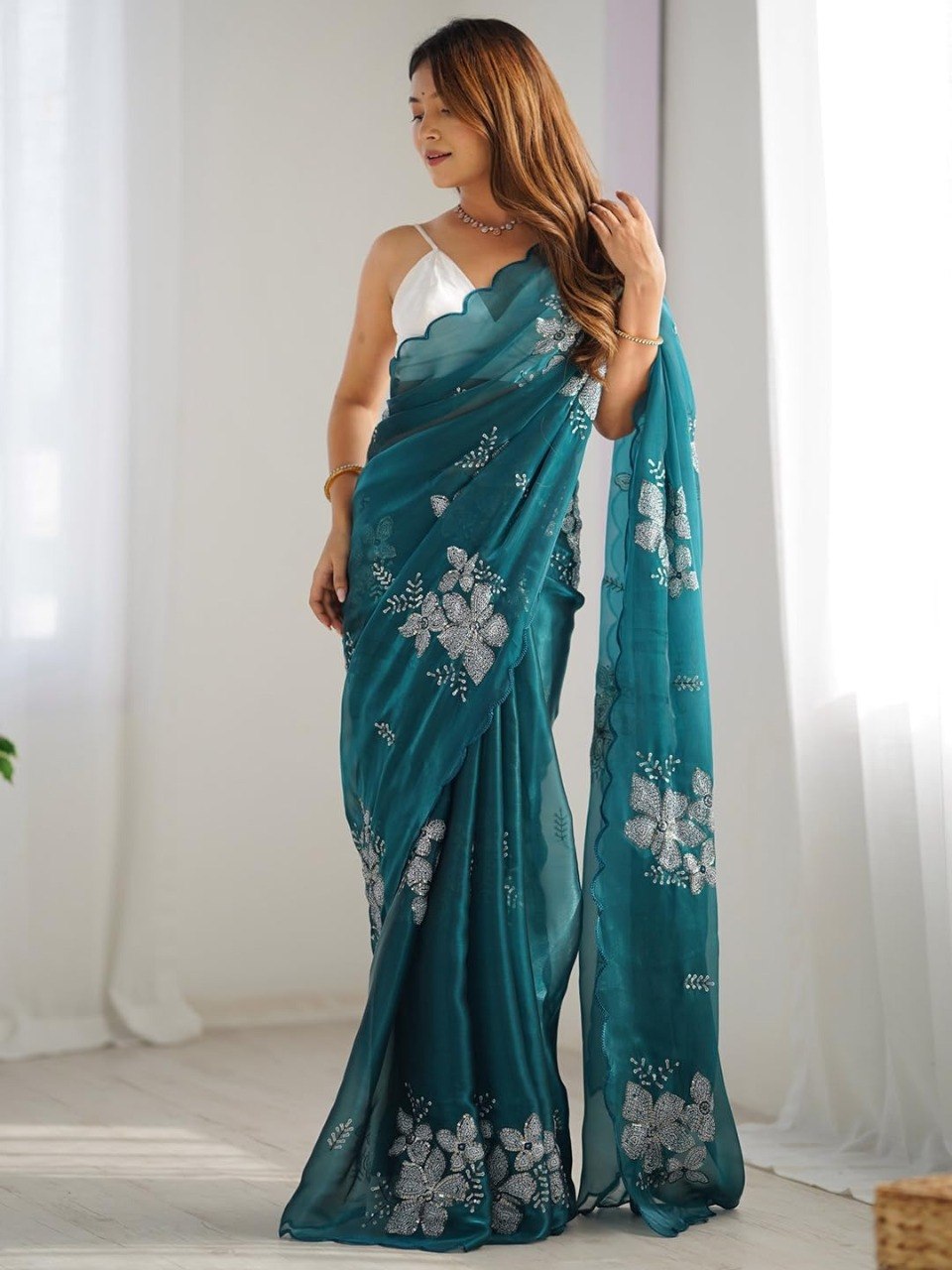 Elegant Teal Floral Embroidered Organza Saree with Scalloped Border | Party Wear Designer Saree for Women