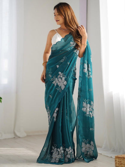 Elegant Teal Floral Embroidered Organza Saree with Scalloped Border | Party Wear Designer Saree for Women