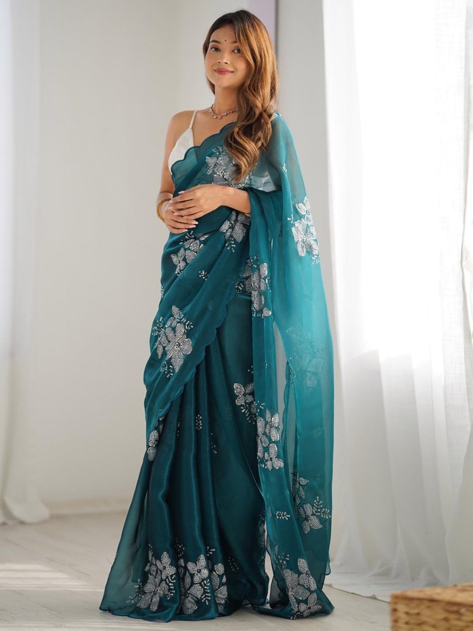 Elegant Teal Floral Embroidered Organza Saree with Scalloped Border | Party Wear Designer Saree for Women