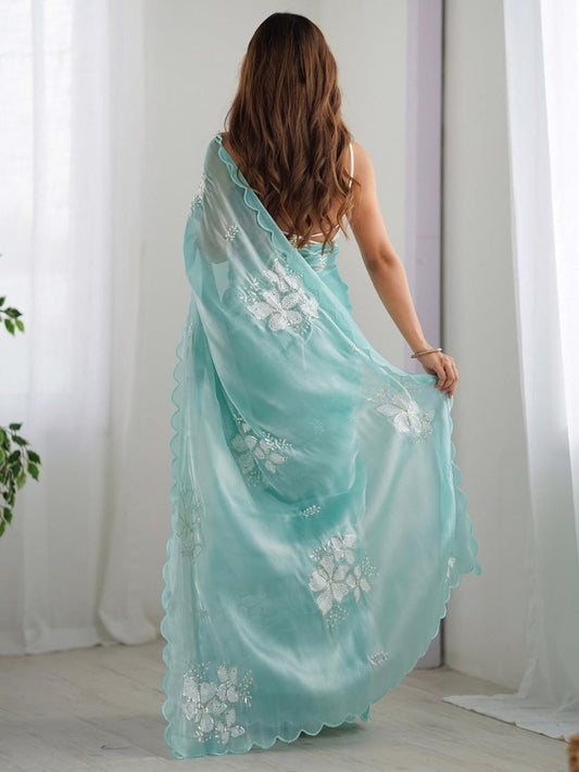 Aqua Blue Organza Saree with White Floral Embroidery & Scalloped Border