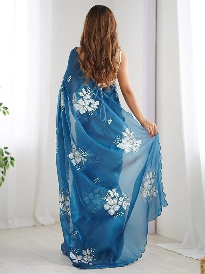 Midnight Blue Floral Organza Saree with Silver Bloom Print