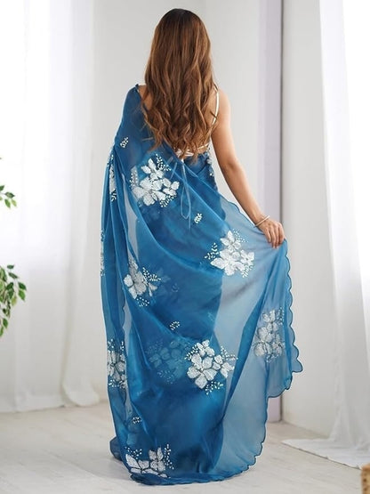 Midnight Blue Floral Organza Saree with Silver Bloom Print