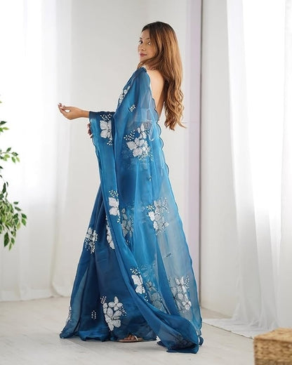 Midnight Blue Floral Organza Saree with Silver Bloom Print