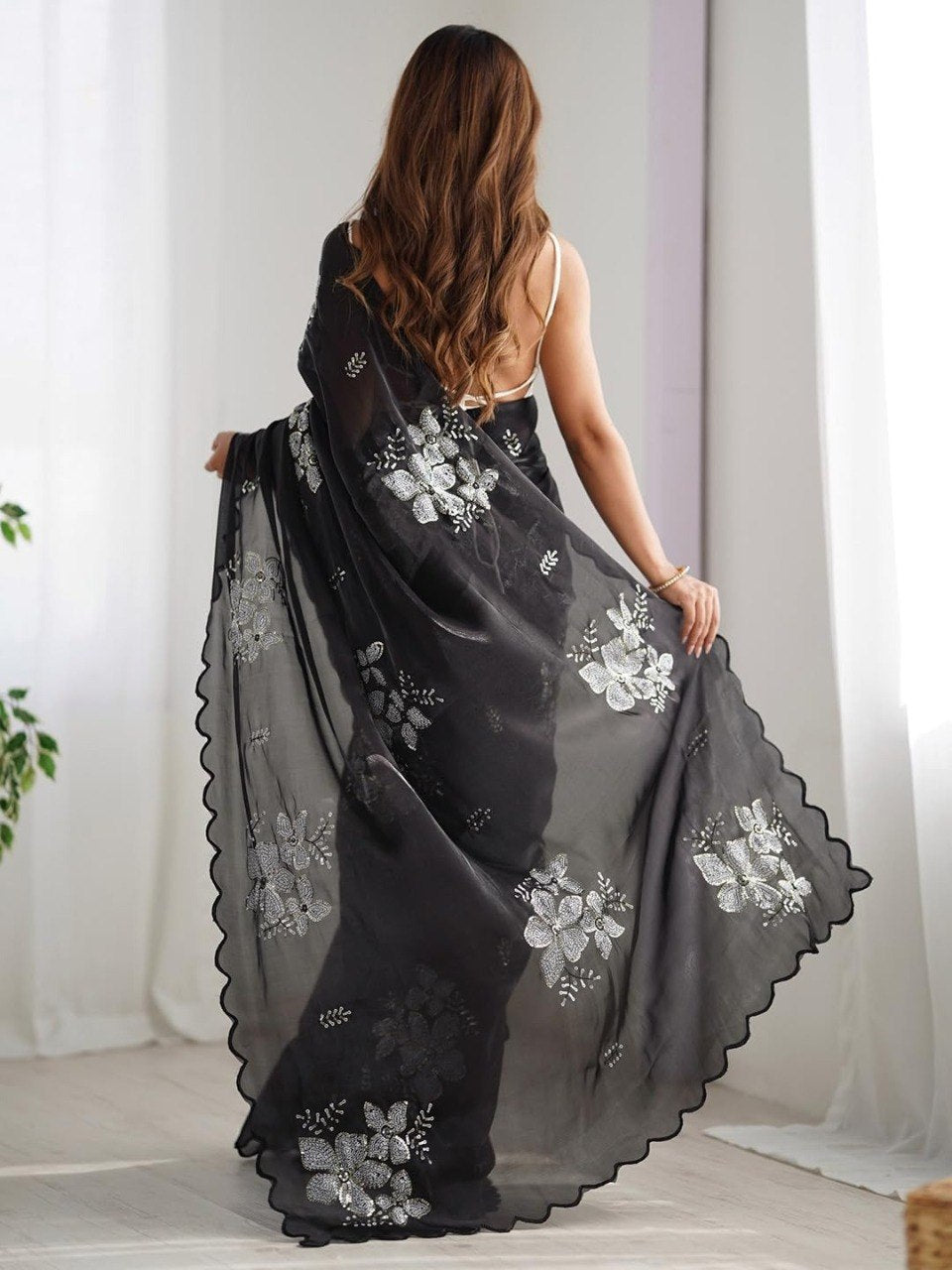 Elegant Black Organza Saree with Silver Floral Embroidery & Scalloped Border