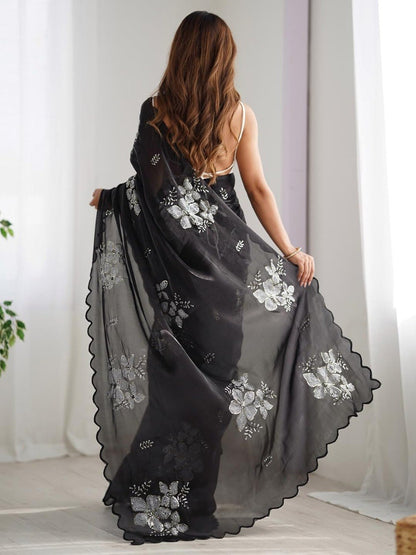 Elegant Black Organza Saree with Silver Floral Embroidery & Scalloped Border