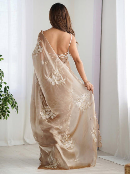Champagne Beige Organza Saree with Floral Sequin Embroidery & Matching Blouse Piece