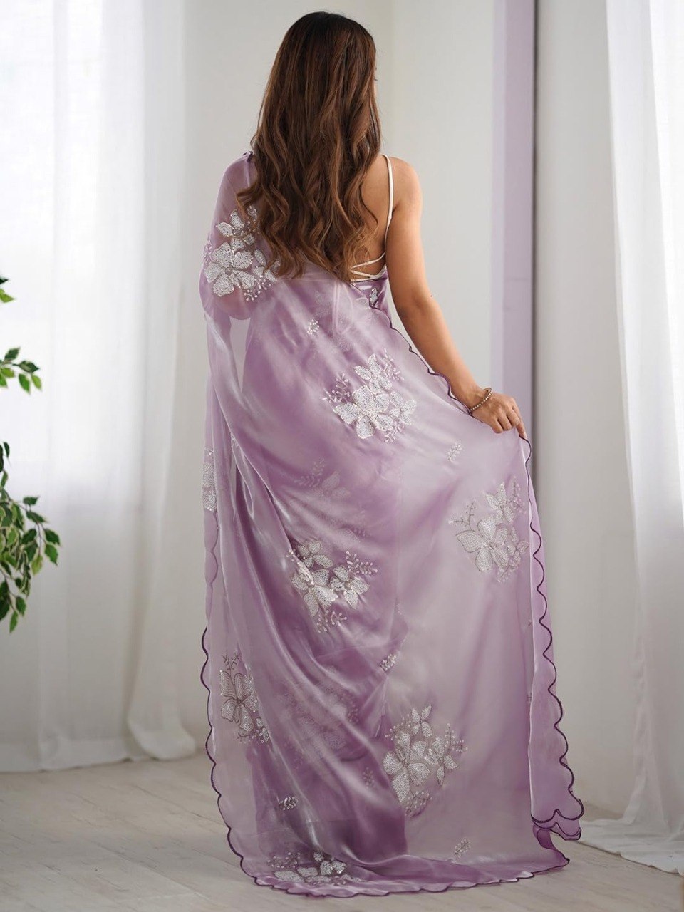 Lavender Organza Saree with Silver Floral Embroidery & Scalloped Border | Party Wear Designer Saree