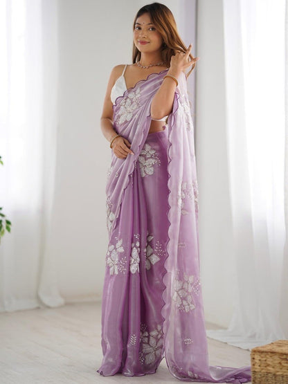Lavender Organza Saree with Silver Floral Embroidery & Scalloped Border | Party Wear Designer Saree