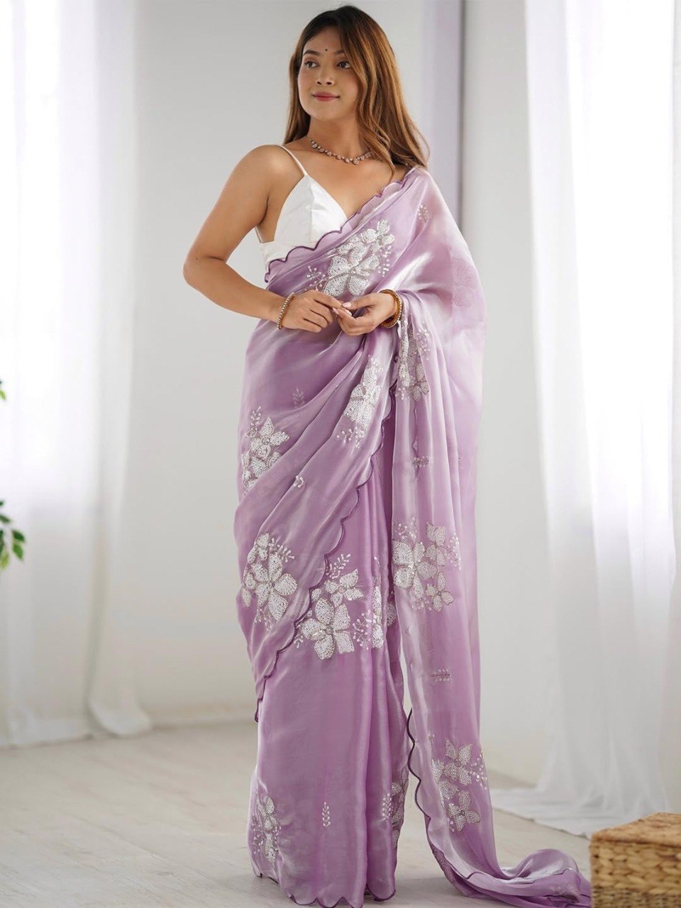 Lavender Organza Saree with Silver Floral Embroidery & Scalloped Border | Party Wear Designer Saree