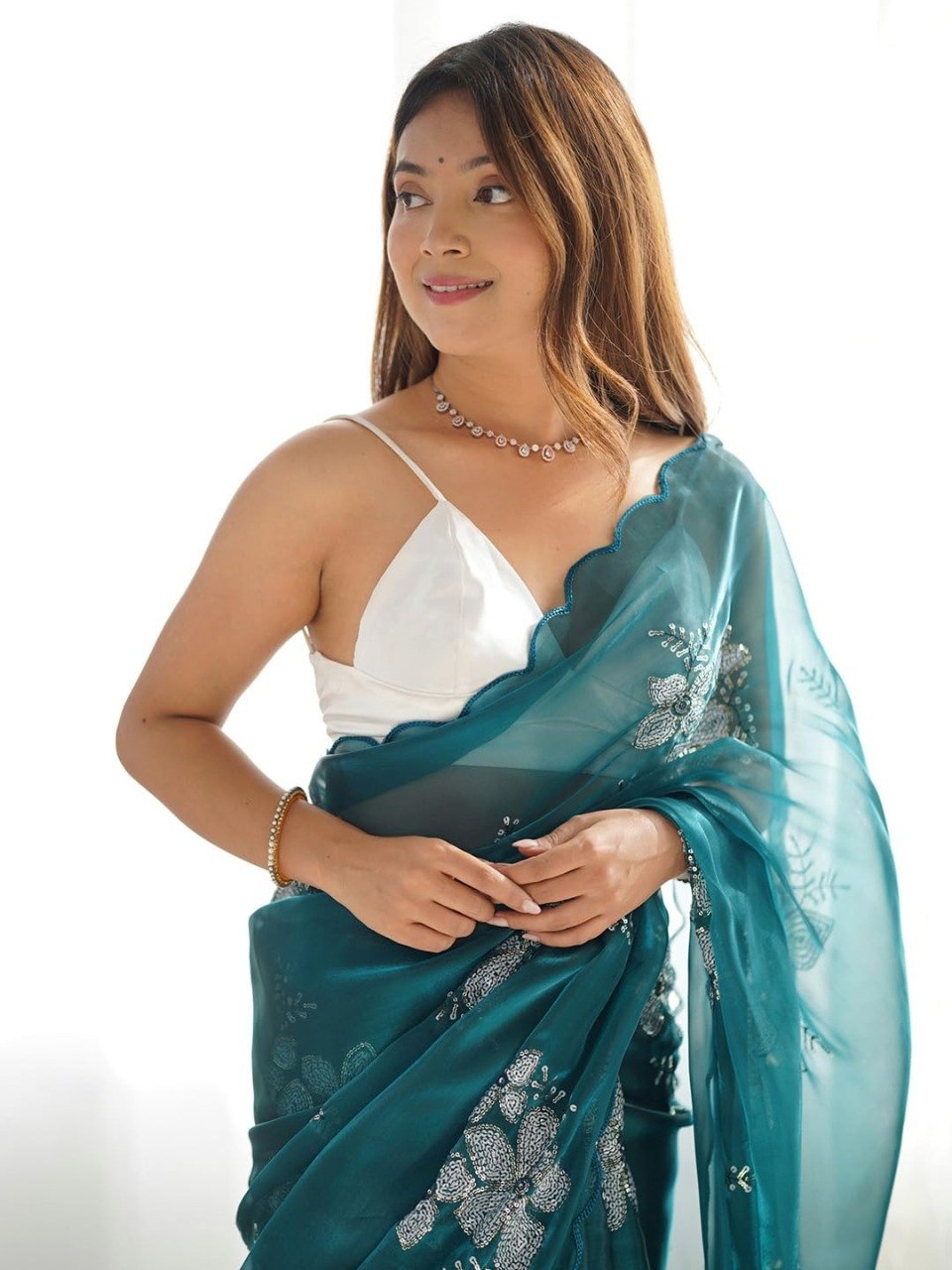 Elegant Teal Floral Embroidered Organza Saree with Scalloped Border | Party Wear Designer Saree for Women