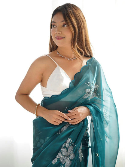 Elegant Teal Floral Embroidered Organza Saree with Scalloped Border | Party Wear Designer Saree for Women