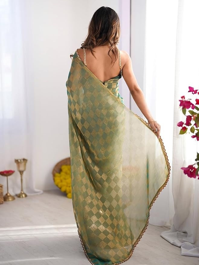 Sea Green Gold Woven Designer Saree with Elegant Lace Border