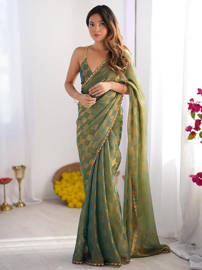 Sea Green Gold Woven Designer Saree with Elegant Lace Border