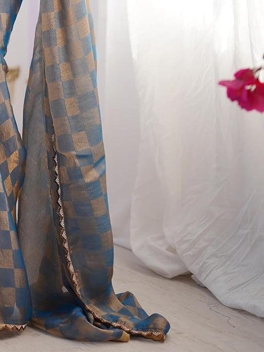 Azure Blue & Gold Checkered Organza Saree with Scalloped Border