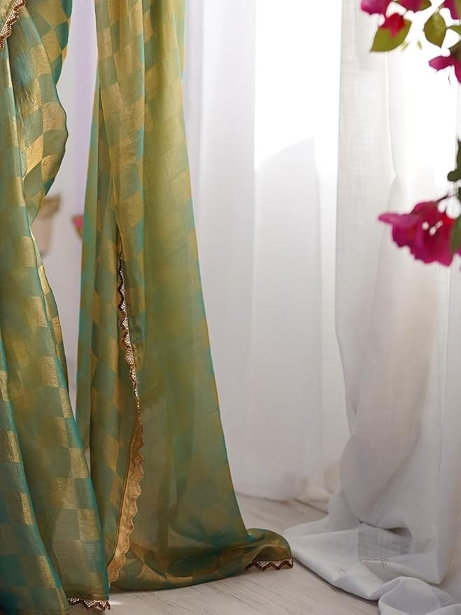 Sea Green Gold Woven Designer Saree with Elegant Lace Border