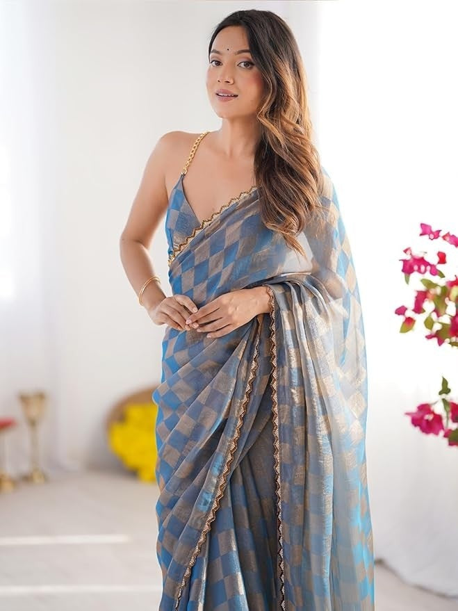 Azure Blue & Gold Checkered Organza Saree with Scalloped Border